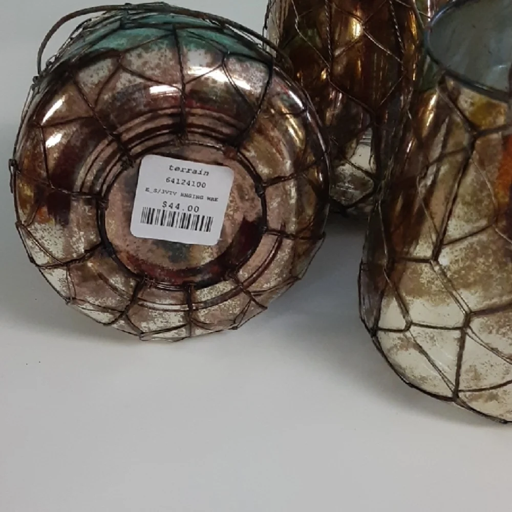Terrain Lanterns, Rustic Cottage Style, 3 Set, Wire & Mercury Glass, Handle, NEW